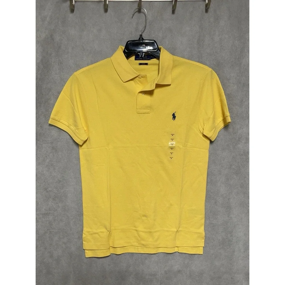 NWT Polo Ralph Lauren Polo Shirt Men M Yellow Slim Pique Embroidered Blue Pony